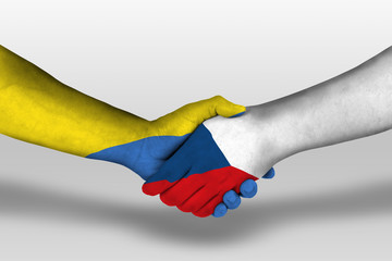 Wall Mural - Handshake between czech republic and ukraine flags painted on hands, illustration with clipping path.