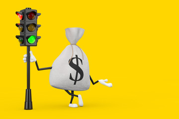 Poster - Tied Rustic Canvas Linen Money Sack or Money Bag and Dollar Sign Character Mascot with Traffic Green Light. 3d Rendering