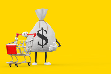 Aufkleber - Tied Rustic Canvas Linen Money Sack or Money Bag and Dollar Sign Character Mascot with Shopping Cart Trolley. 3d Rendering
