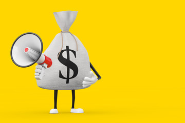 Leinwandbilder - Tied Rustic Canvas Linen Money Sack or Money Bag and Dollar Sign Character Mascot with Red Retro Megaphone. 3d Rendering
