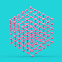Poster - Digital Data Visualization Concept. Abstract Pink Wireframe Atom Mesh Cube in Duotone Style. 3d Rendering