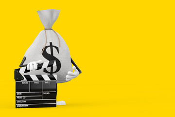 Leinwandbilder - Tied Rustic Canvas Linen Money Sack or Money Bag and Dollar Sign Character Mascot with Movie Clapper Board. 3d Rendering