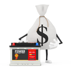 Poster - Tied Rustic Canvas Linen Money Sack or Money Bag and Dollar Sign Character Mascot with Rechargeable Car Battery 12V Accumulator and Abstract Label. 3d Rendering