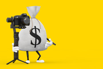 Leinwandbilder - Tied Rustic Canvas Linen Money Sack or Money Bag and Dollar Sign Character Mascot with DSLR or Video Camera Gimbal Stabilization Tripod System. 3d Rendering