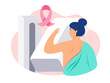  Illustration of a woman getting a breast cancer screening test / mammogram on x-ray machine in a hospital. Breast Cancer Awareness concept. Pink breast cancer ribbon, mammography machine - vector