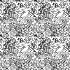 Wall Mural - Jungle seamless pattern. Tropical Paste. Ferns Strelitzia, liana pattern. Freehand drawing.