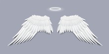 Angels White Feather Wings With Halo, Realistic Vector Illustration Isolated.