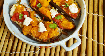 Canvas Print - Baked aubergine stuffed with roast pumpkin, feta