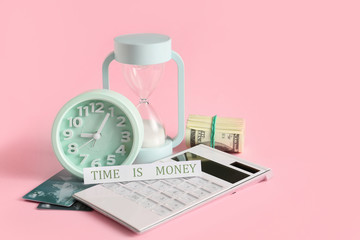 Poster - Alarm clock, hourglass with calculator and money on color background