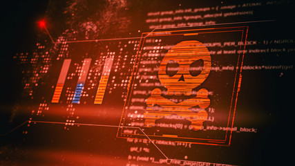 Wall Mural - computer screen with programming code and a skull, concept of computer security, malware or hacker a