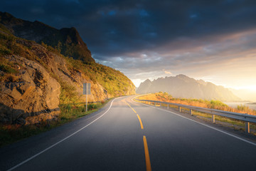Wall Mural - road by the sea in sunrise time, lofoten island, norway