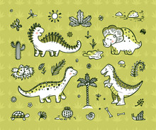 Extinct Animals. Cute Cartoon Dinosaur Vector Set. Hand Drawn Doodle Dinosaurs: Tiranossauro Rex, Triceratops, Stegosaurus, Diplodocus And Plants
