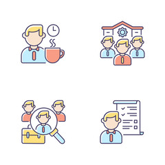 Poster - Recruitment RGB color icons set. Company personnel, coffee break, headhunting and professional demands. Job application, hiring. Isolated vector illustrations