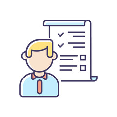 Sticker - Demands list RGB color icon. Requirements for employees. Job application, CV evaluation. Professional resume, specialist skills list. Isolated vector illustration