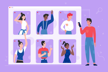 Wall Mural - People in online communication vector illustration. Cartoon flat man woman group of characters communicate together, using mobile video call chat app, internet meeting digital technology background