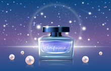 Blue Perfume Cosmetics Vector Illustration. 3d Luxury Realistic Perfume Ads Design Promo Background With Glass Jar Bottle Mockup, Night Sky Or Open Space, Glittering Bokeh Star Elements And Pearls