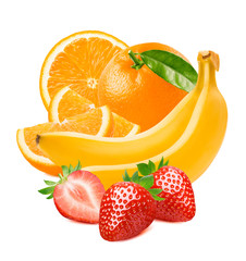 Wall Mural - Oranges, strawberries and whole bananas isolated on white background