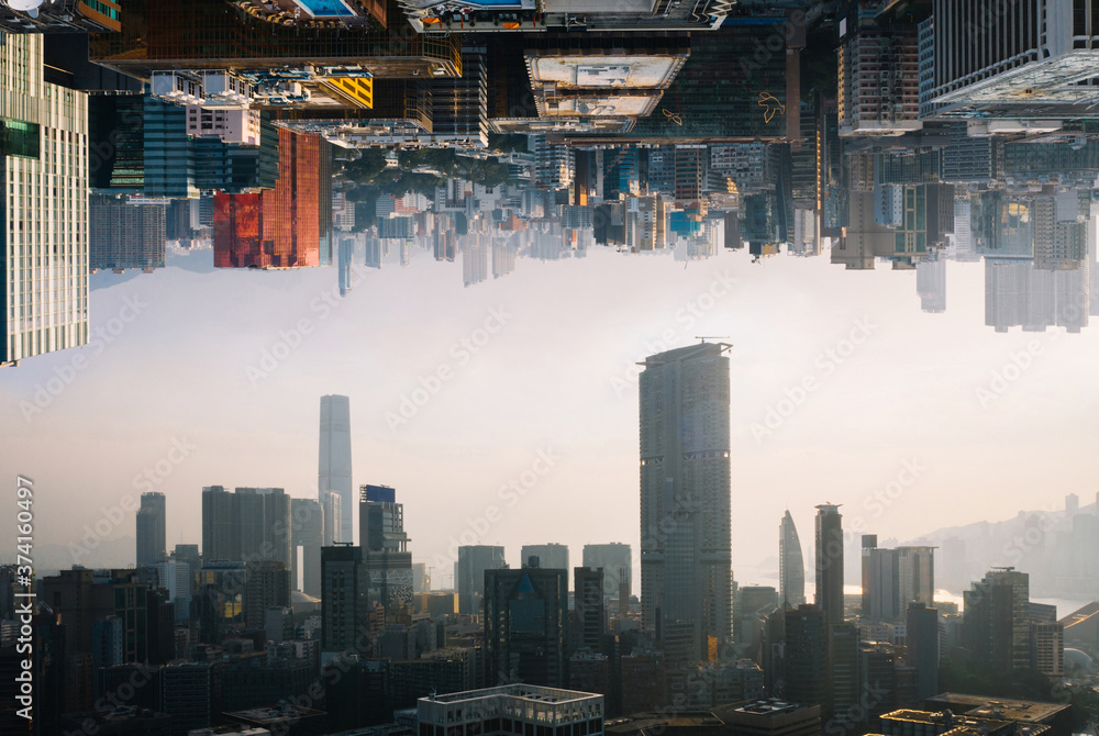 Multidimensional Future Futuristic multiverse world concept. Downtown with skyscrapers skyline ...