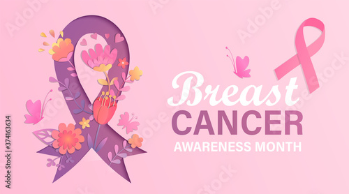 Cuadros en Lienzo Breast cancer awareness month banner with flowers in papercut style