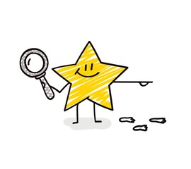 Sticker - Doodle stick figures: funny star with magnifying glass points to the side.