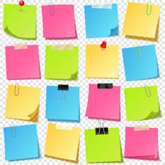 Wall Mural - Realistic colorful blank sticky notes with clip binder. Colored sheets of note papers. Paper reminder. Vector illustration.