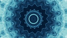 Kaleidoscope Background. Frozen Crystals. Blue Ink Splash Flow In Water Animation. Glowing Snowflake Ethnic Ornament Flicker Hypnotic Motion. Dynamic Symmetrical Abstract Design.