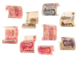 Wall Mural - Yuan bills falling isolated on white background and texture, with clipping path