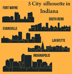 Canvas Print - Set of 5 City silhouette in Indiana (Indianapolis, South Bend, Lafayette, Fort Wayne, Evansville)