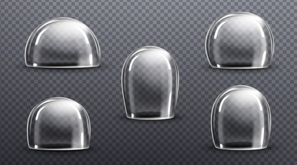 Glass or clear plastic domes. Vector realistic mockup of empty protection cover, acrylic bell jar. Exhibition display case, hemisphere shields isolated on transparent background