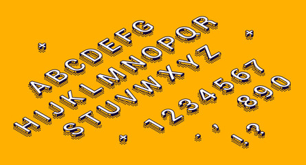 Wall Mural - Isometric alphabet, numbers and punctuation marks lying in row on yellow background. Abc uppercase letters and digits typography 3d elements, signs, symbols. Vector characters in line art style Set