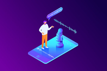 Isometric concept of voice message recording, man using microphone on phone, character talk to smartphone, online interview, communication, 3d vector illustration