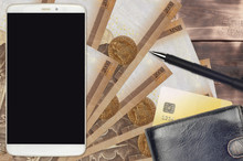 2000 Hungarian Forint Bills And Smartphone With Purse And Credit Card. E-payments Or E-commerce Concept. Online Shopping And Business With Portable Devices