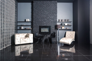 Modern dark luxury black interior with white chic furniture