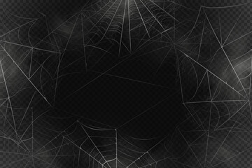 A black spider hangs on a web. Scary spiderweb of halloween symbol. Realistic  silhouette.Vector illustration.
