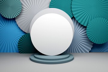 Wall Mural - Presentation mockup template with round geometric stand on the background of origami folded circular blue gray green shapes