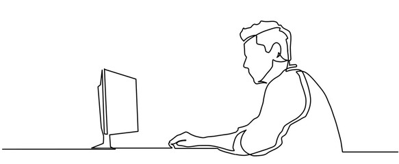 Continuous line drawing of an office worker focused at a computer. Businessman working with computer, business character working in office- continuous line drawing