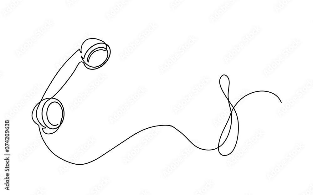 One line drawing of isolated vector object telephone receiver. Vintage retro telephone communication concept. EPS10 vector illustration. Black thin line of an old phone with a line