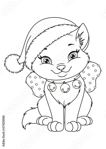 Christmas Cat With Santa Hat Coloring Page For Kids Vector De Stock Adobe Stock