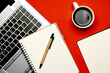 © Patricia - top view of workspace on a red background with laptop brown notebook and pen. Flat lay