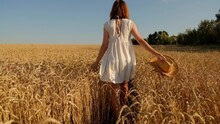Young Girl Happily Walks In Slow Motion Through A Yellow Field, Touching The Ears Of Wheat With Her Hands. Beautiful Carefree Woman Enjoying Nature And Sunlight In A Wheat Field
