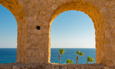 beautiful summer view of the blue sea and palm trees through the arch
