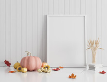 Mock Up Interior Design With Frame On White Wooden Plank Wall. Autumn Seasonal Background With Pumpkins. 3d Render 3d Illustration
