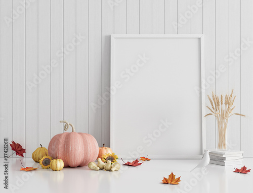 Cuadros en Lienzo Mock up interior design with frame on white wooden plank wall