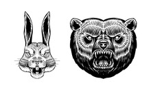 Grizzly Brown Bear And Hare Or Rabbit. Screaming Mad Animal For Tattoo Or Label. Roaring Beast. Engraved Hand Drawn Line Art Vintage Old Monochrome Sketch. Vector Illustration.