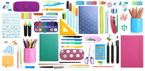 Wall Mural - Set of bright school stationery on white background. Banner design