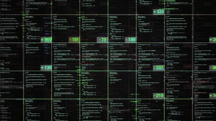 Programming blocks of code on black background, seamless loop. Animation. Abstract computer script, programming code as technology background.