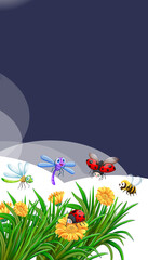 Sticker - Blank scene with different insects in the garden with some flowers