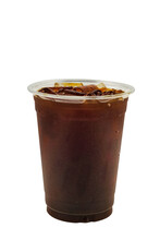 Isolated Di Cut Iced Plastic Cup Of Black Coffee On White Background. Blank Background Iced Coffee Name Americano Or Espresso. Mock Up For Design Or Create Virtual Realistic Product For Presentation.
