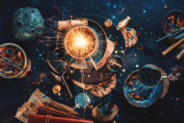 supernova in a tea cup, handmade ceramic cup with bright light inside, astrology flat lay with scrol