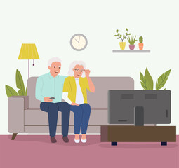 Wall Mural - Elderly couple sitting on the couch and watching TV . Vector flat cartoon illustration